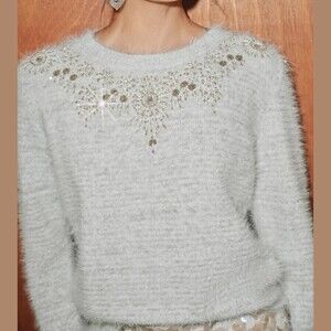 Ivory Fuzzy Knit Beaded Sequin Burst Crew Neck Sweater